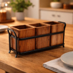 Craftybug Wooden Cutlery Holder with 3 Removable Jars & Metal Rack
