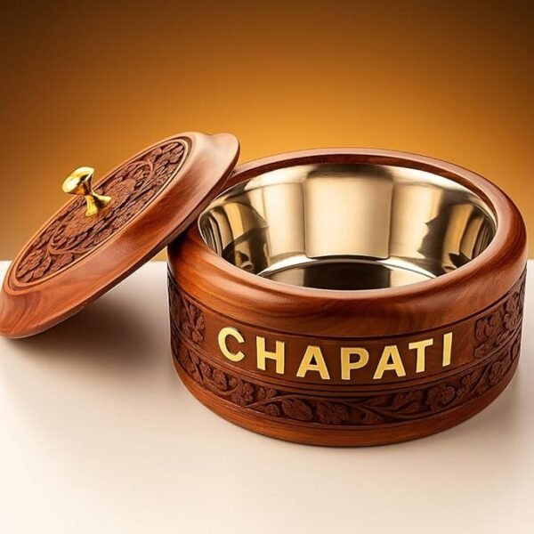 Decorative Wooden Roti Chapati Box with Stainless Steel Interior, Traditional Carved Design