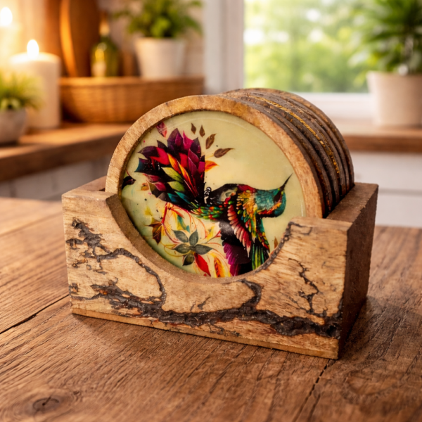 Handcrafted Wooden Bird Printed Coasters Set of 6