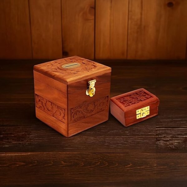 Handmade Wooden Carving Money Bank with Free Small Storage Box for Jewelry
