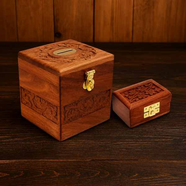 Handmade Wooden Carving Money Bank with Free Small Storage Box for Jewelry