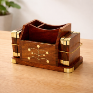 Wooden Remote Control Holder with Brass Inlay & Coaster Set