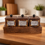 Wooden Seasoning Container Set of 3 with Lid & Base