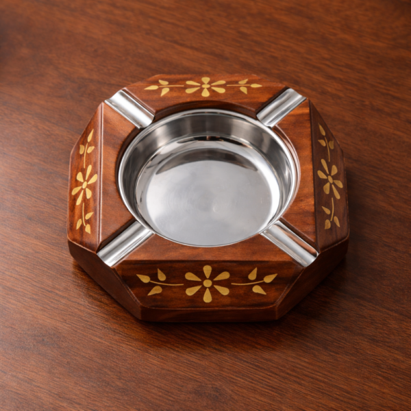 Handcrafted Wooden Ashtray with Stainless Steel Insert Star Design Inlay 1