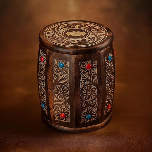 Handcrafted Wooden Money Bank with Decorative Carved Design