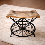 Handcrafted Wooden Iron Stool with Metal Wheel Base