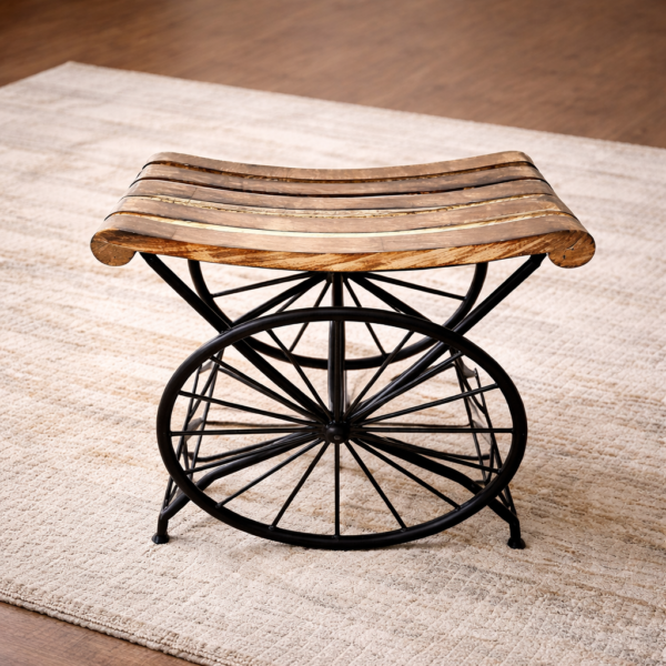 Handcrafted Wooden Iron Stool with Metal Wheel Base