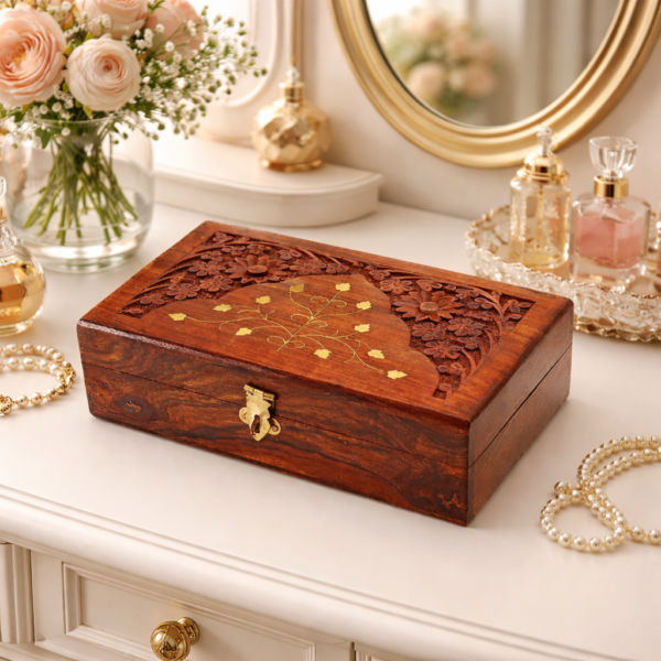Handcrafted Wooden Jewellery Box with Carved Floral & Brass Inlay Tree Design 1