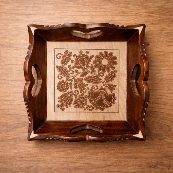 Handcrafted Wooden Serving Tray (Small, Medium & Large) | Engraved Floral Design & Heart Handles