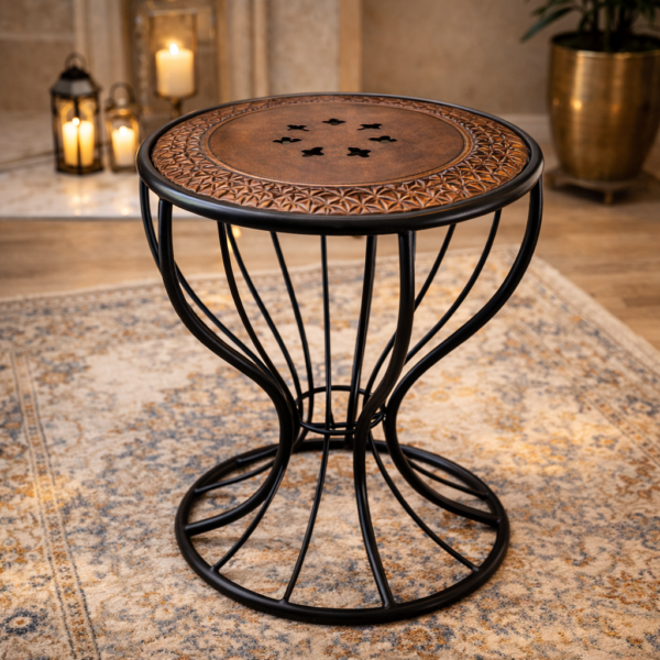 Handcrafted Wooden & Wrought Iron Round Stool