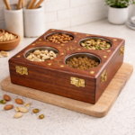 Premium Wooden Dry Fruits Box with Glass Lid - 4 Compartment 1
