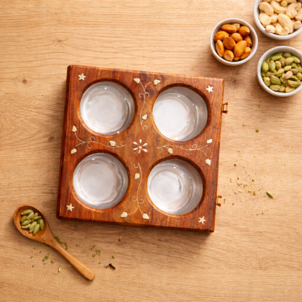 Premium Wooden Dry Fruits Box with Glass Lid - 4 Compartment