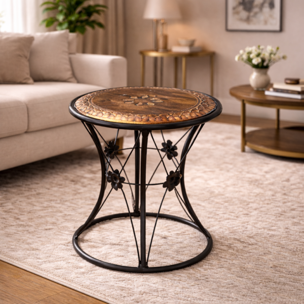 Solid Mango Wood & Wrought Iron Round Stool