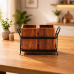 Wooden Cutlery Holder with Metal Stand
