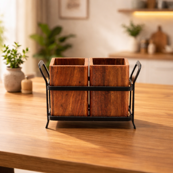 Wooden Cutlery Holder with Metal Stand