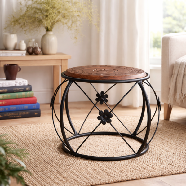 Wooden & Iron Round Stool 3