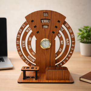 Wooden Perpetual Calendar with Clock
