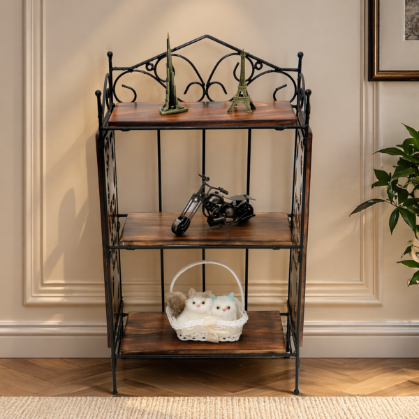 Rustic Wooden Wall Shelf with Wrought Iron Frame