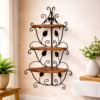 Vintage Wrought Iron Corner Wall Shelf with Wooden Shelves