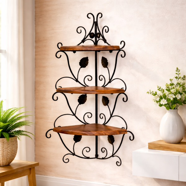 Vintage Wrought Iron Corner Wall Shelf with Wooden Shelves