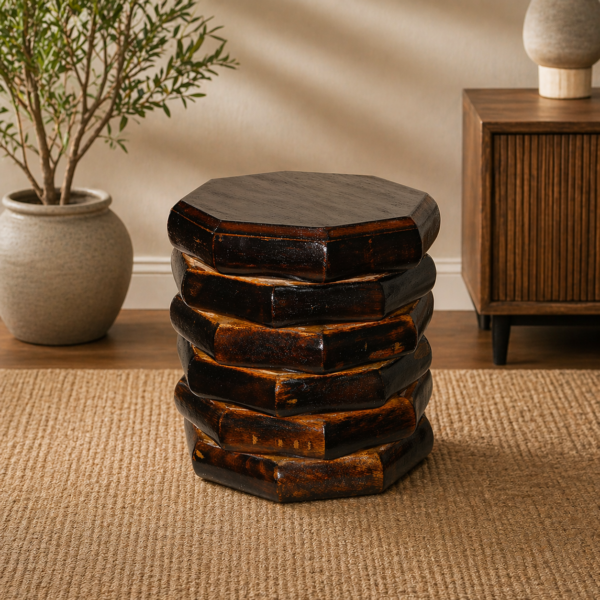 Wooden Hexagonal Stool Table for Living Room & Bedroom - 9 Inch