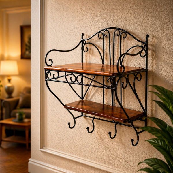 Wooden & Iron Set Top Box Wall Shelf for TV Unit