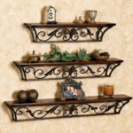 Wooden & Wrought Iron Wall Shelves Set of 3