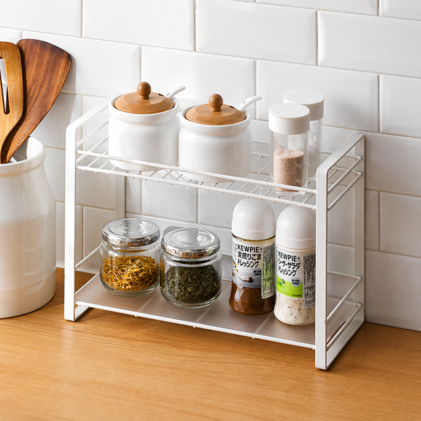 Wrought Iron 2-Tier Kitchen Organizer Rack for Spices, Jars, Utensils & Dishes - White