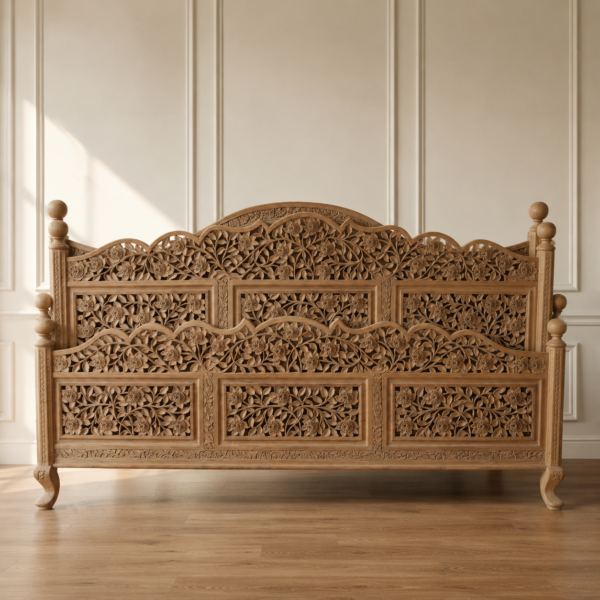 Handcrafted Floral Carved Solid Wood Bed