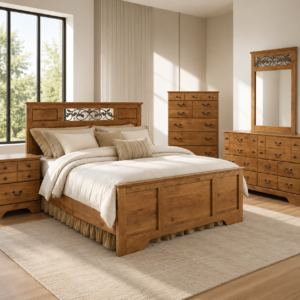 Handcrafted Solid Wood Bedroom Furniture Set with Decorative Metal Inlay
