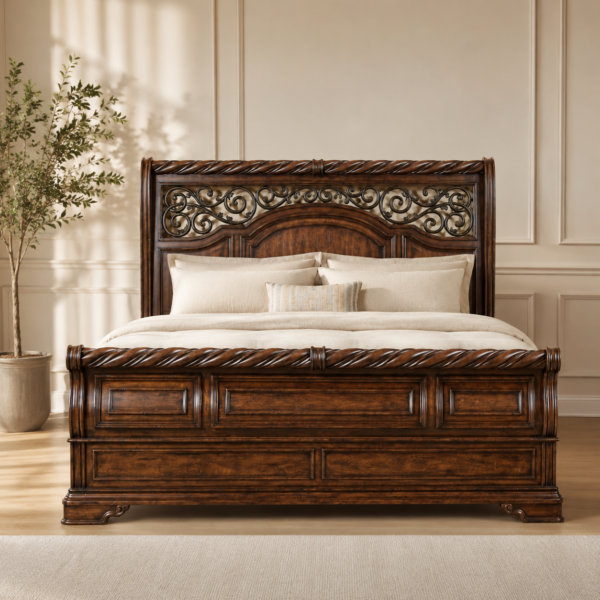 Handcrafted Solid Wood King Size Bed with Ornate Carved Headboard