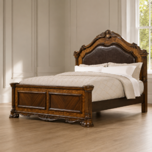 Luxury Handcrafted Solid Wood Bed with Upholstered Headboard