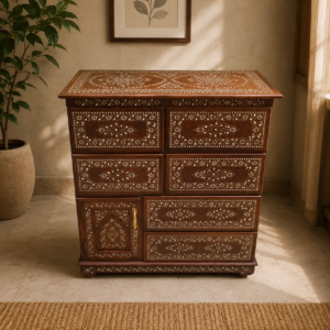 Handcrafted Bone Inlay Chest of Drawers with Storage Cabinet – Walnut Finish