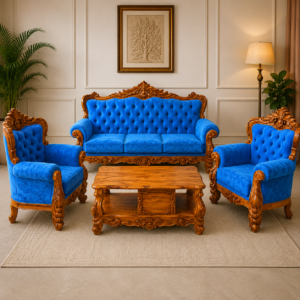 Premium Royal Carved Wooden Sofa Set with Blue Tufted Upholstery