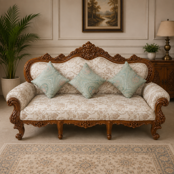 Premium Teak Wood 3 Seater Sofa with Handcrafted Wooden Carving and PU Polish