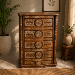 Handcrafted Wooden Carved 5 Drawer Chest – Antique Finish