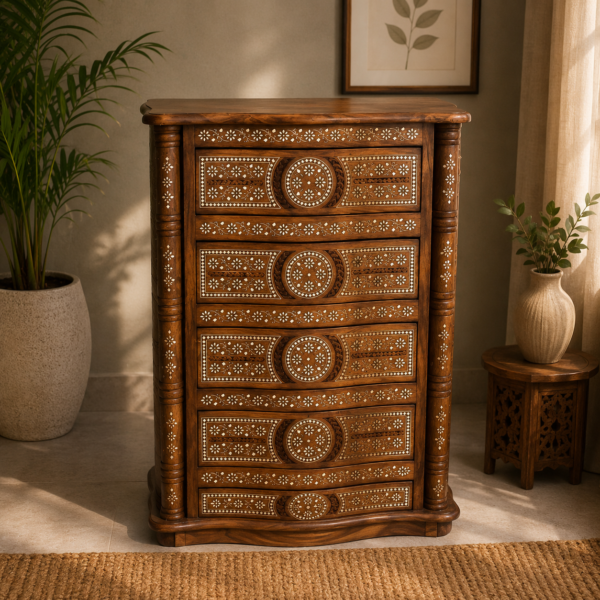 Handcrafted Wooden Carved 5 Drawer Chest – Antique Finish