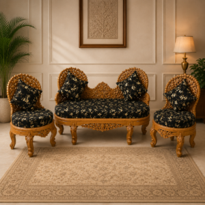 Premium Royal Carved Wooden Lounge Sofa Set with Floral Upholstery