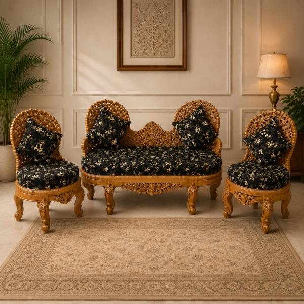 Premium Royal Carved Wooden Lounge Sofa Set with Floral Upholstery