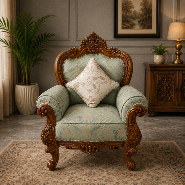 Premium Teak Wood 1 Seater Sofa with Handcrafted Carving and PU Polish