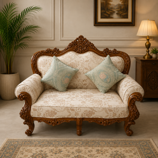 Premium Teak Wood 2 Seater Sofa with Handcrafted Carving and PU Polish